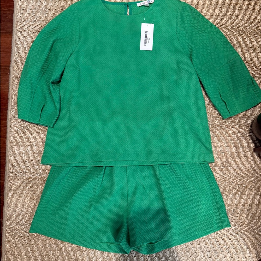 Joy Joy Green Textured Top and Shorts Set